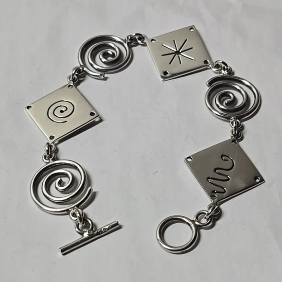 Sterling Silver Modernist Square And Swirl Design Toggle Clasp Bracelet 7.5 In